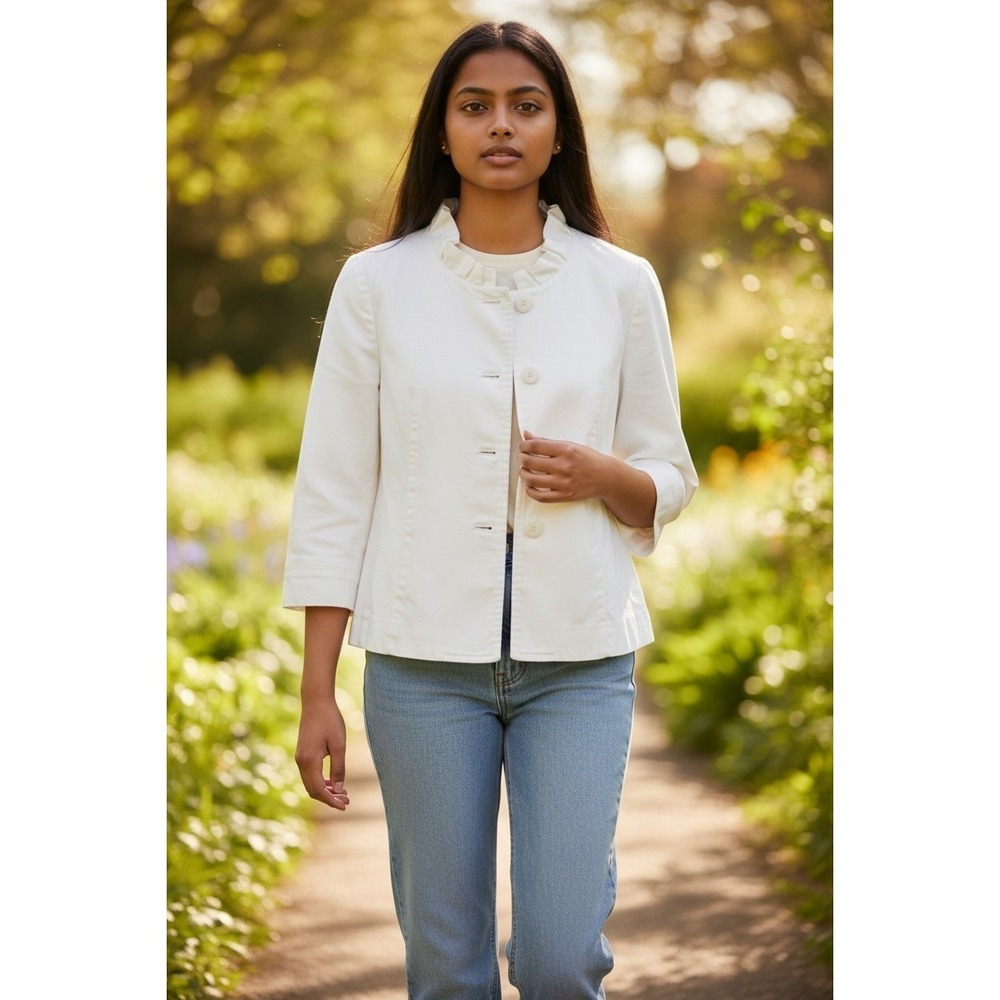 J.Crew White Crop Jacket Ruffled Collar Nautical Preppy‎ Casual Sz. 8